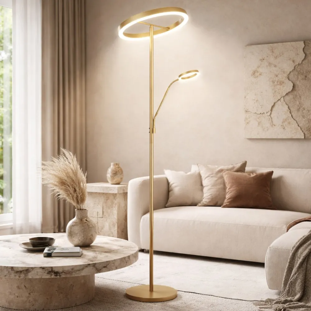 Lampade Da Terra-Selezionato da Mazzolaluce Piantana oro doppia luce led moderna per salone