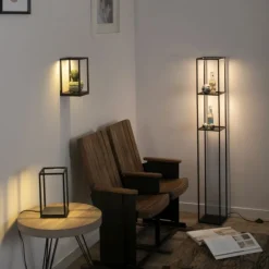 Lampade Da Terra-Selezionato da Mazzolaluce Piantana porta oggetti nera lampada led3000k dimmerabile