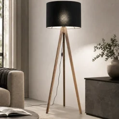 Lampade Da Terra-Selezionato da Mazzolaluce Piantana tre piedi di legno noce paralume lino nero