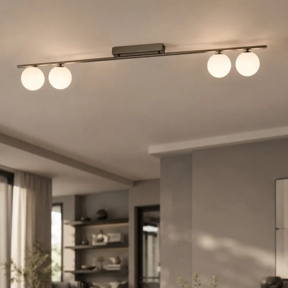 Plafoniere Moderne-Selezionato da Mazzolaluce Plafoniera a binario 141 cm marrone con sfere di vetro per soggiorno moderno
