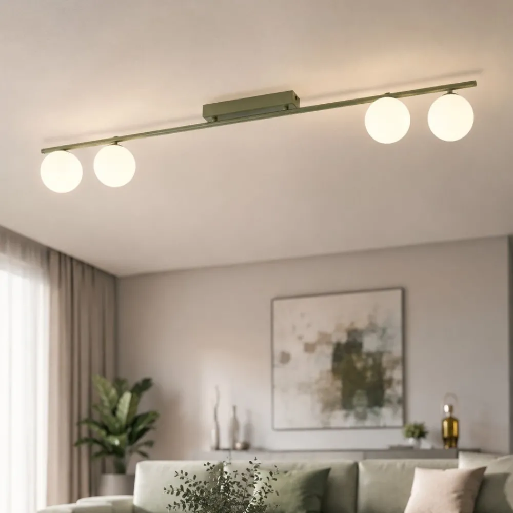 Plafoniere Moderne-Selezionato da Mazzolaluce Plafoniera a binario 141 cm verde oliva con sfere in vetro per soggiorno moderno