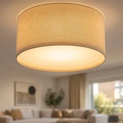 Plafoniere Moderne-Selezionato da Mazzolaluce Plafoniera cilindro di tessuto lino beige per soggiorno