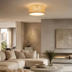 Plafoniere Moderne-Selezionato da Mazzolaluce Plafoniera cilindro di tessuto lino beige per soggiorno