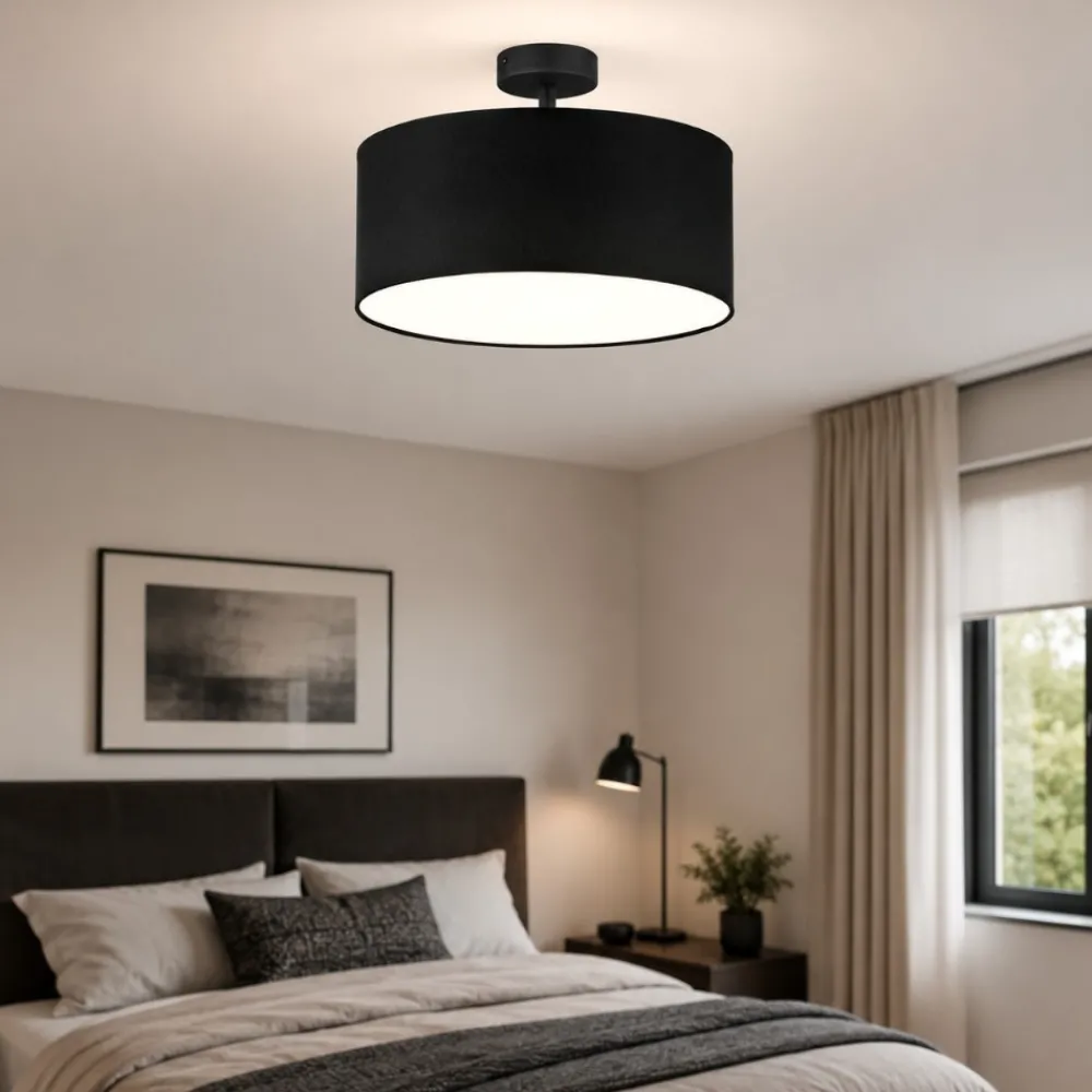Plafoniere Moderne-Selezionato da Mazzolaluce Plafoniera 40 cm nera da soffitto cilindro in tessuto per camera da letto