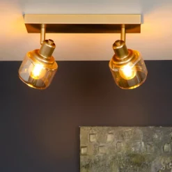 Plafoniere Moderne-Selezionato da Mazzolaluce Plafoniera con due faretti oro vetri ambra