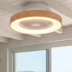 Ventilatori Da Soffitto-Selezionato da Mazzolaluce Plafoniera con ventilatore e telecomando bianco e legno max 13mq led cct