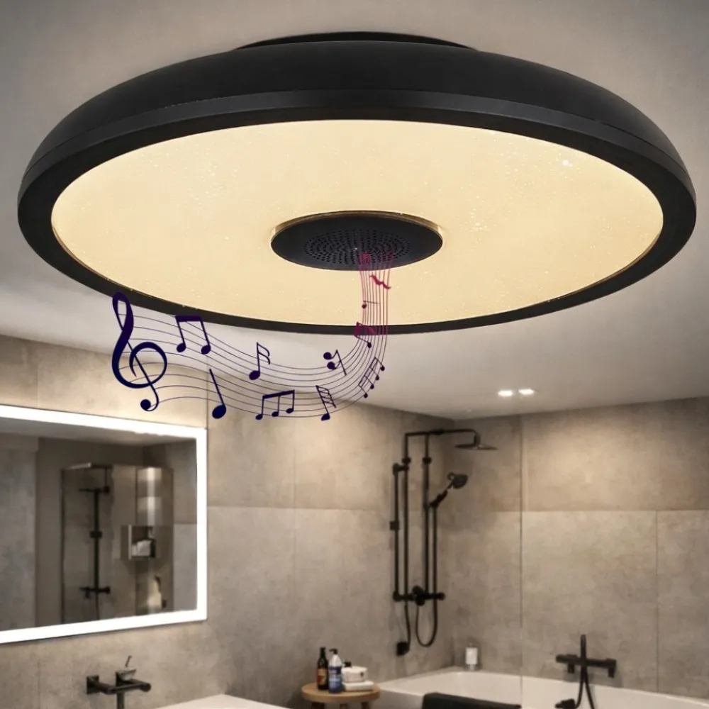 Plafoniere Bagno-Selezionato da Mazzolaluce Plafoniera da bagno bluetooth led rgb nera con cassa e telecomando