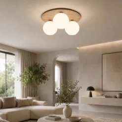 Plafoniere Moderne-Selezionato da Mazzolaluce Plafoniera da soffitto moderna in legno sfere di vetro bianco