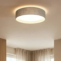 Plafoniere Moderne-Eglo Plafoniera da soffitto rotonda di tessuto tortora cilindro 32 cm pasteri