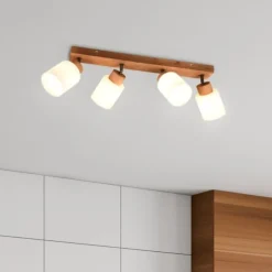 Plafoniere Moderne|Strisce Led-Selezionato da Mazzolaluce Plafoniera di legno con faretti paralumi di vetro orientabili