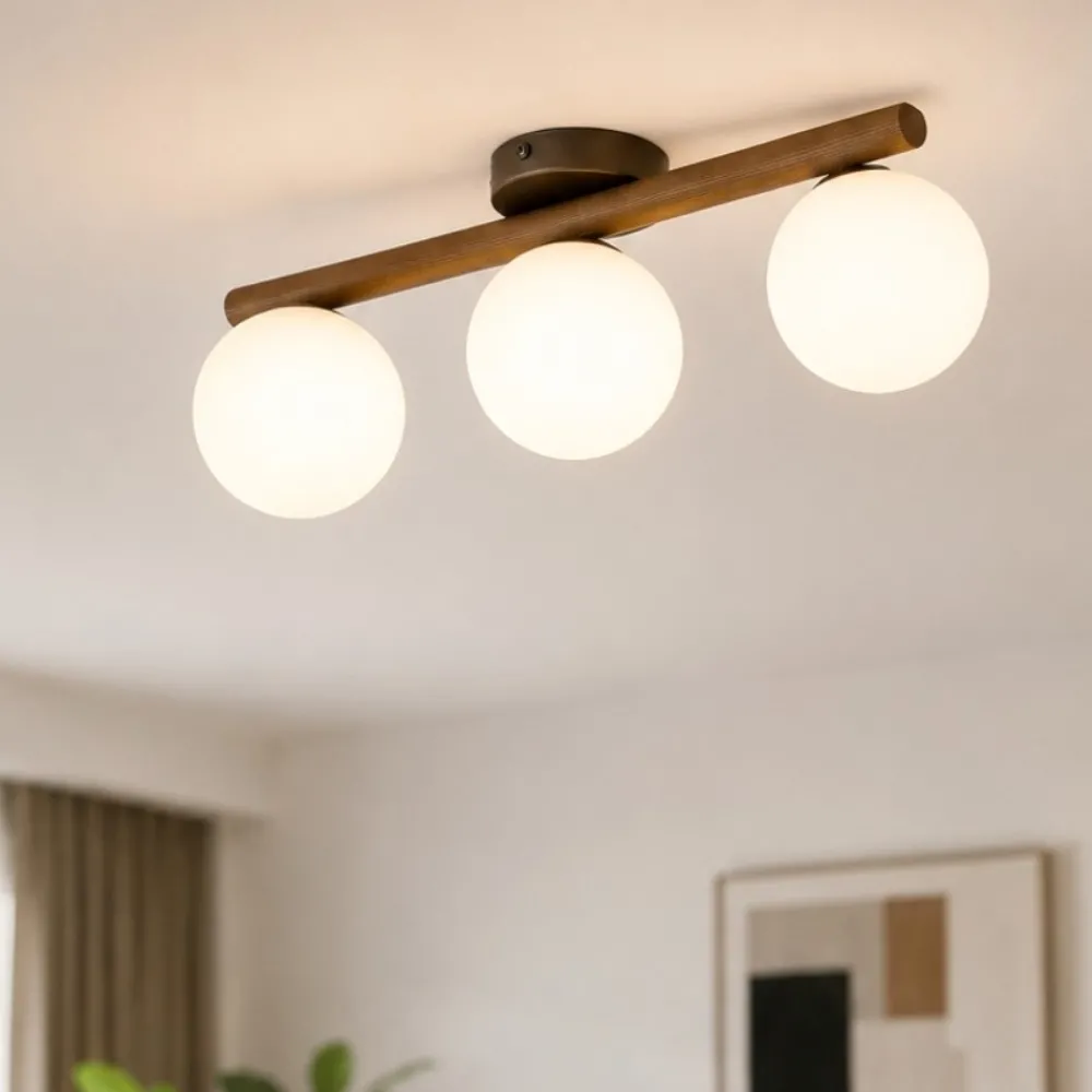 Plafoniere Moderne-Selezionato da Mazzolaluce Plafoniera di legno noce moderna sfere vetro bianco