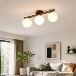 Plafoniere Moderne-Selezionato da Mazzolaluce Plafoniera di legno noce moderna sfere vetro bianco