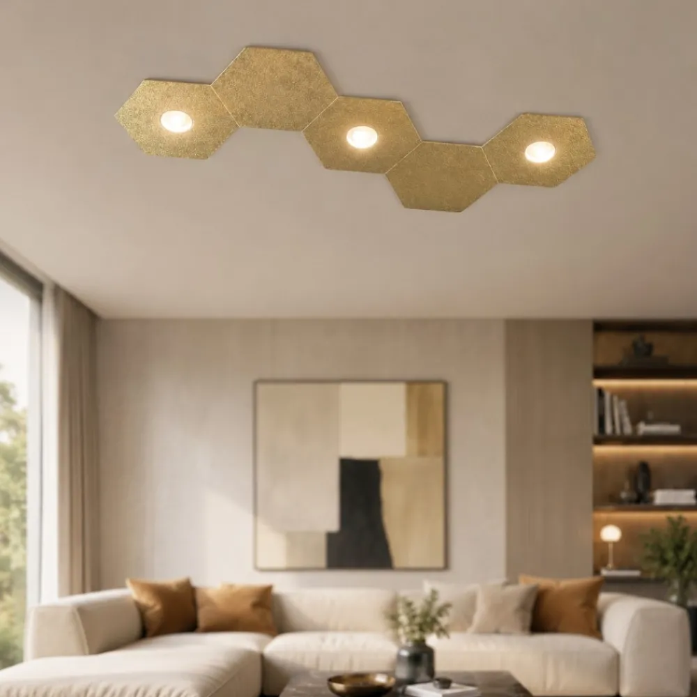Plafoniere Moderne-Top Light Plafoniera foglia oro 3 luci led + 2 piastre metallo hexagon