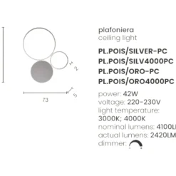 Plafoniere Moderne-Ondaluce Plafoniera led 3000k pl pois silver pc design