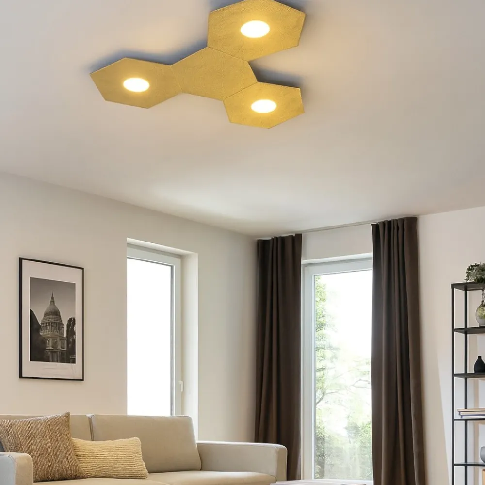 Plafoniere Moderne-Top Light Plafoniera led moderna decoro foglia oro 3 luci + 1 piastra decorativa