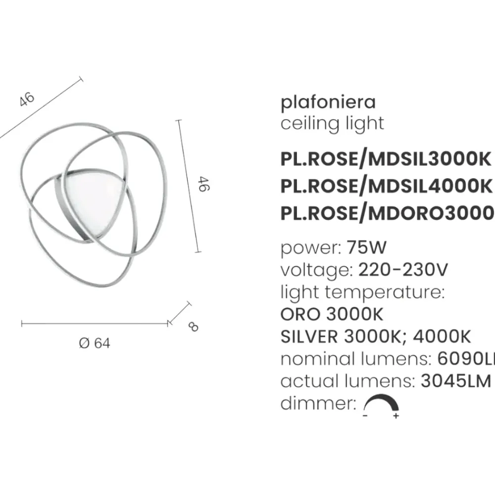 Plafoniere Moderne-Ondaluce Plafoniera led75w 3000k moderna rose md silver dimmerabile