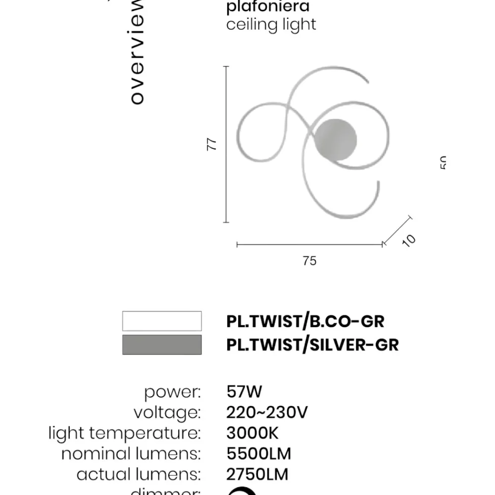 Plafoniere Moderne-Ondaluce Plafoniera led 57w 3000k pl twist pl gr silver