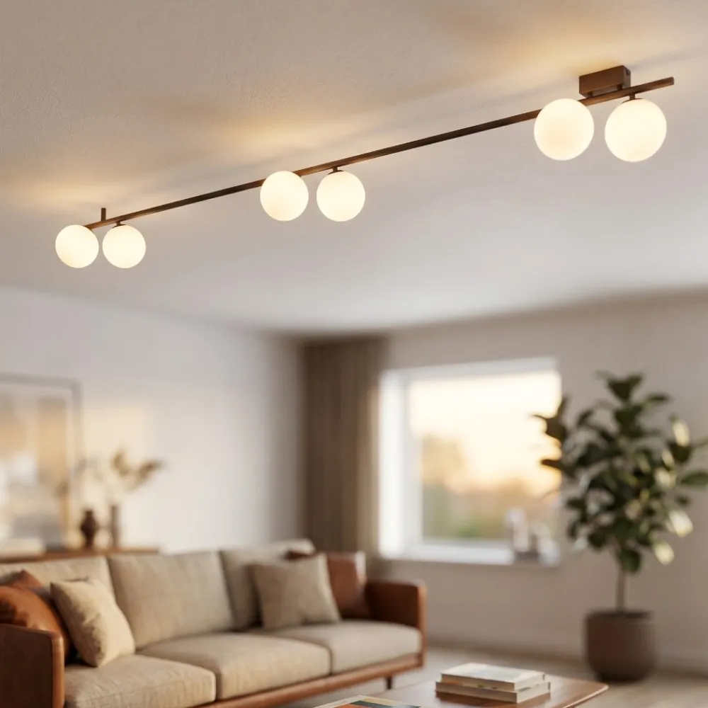 Plafoniere Moderne-Selezionato da Mazzolaluce Plafoniera marrone lunga 200 cm moderna con sfere in vetro per soggiorno