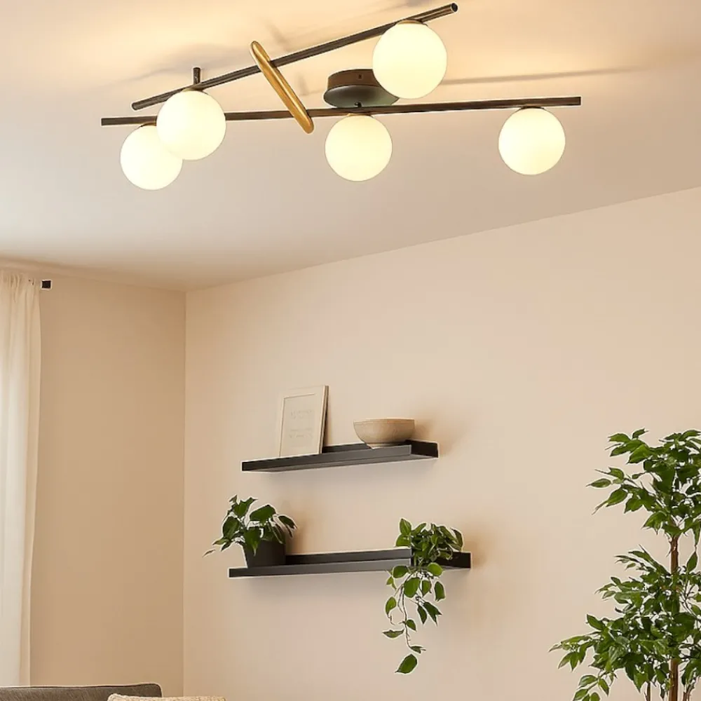 Plafoniere Moderne-Miloox Plafoniera kika nera e oro design moderno 5 sfere vetro bianco