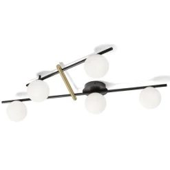Plafoniere Moderne-Miloox Plafoniera kika nera e oro design moderno 5 sfere vetro bianco