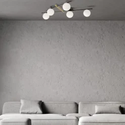Plafoniere Moderne-Miloox Plafoniera kika nera e oro design moderno 5 sfere vetro bianco