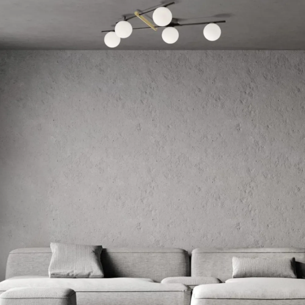 Plafoniere Moderne-Miloox Plafoniera kika nera e oro design moderno 5 sfere vetro bianco