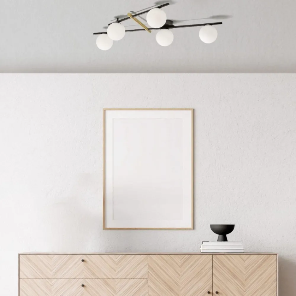 Plafoniere Moderne-Miloox Plafoniera kika nera e oro design moderno 5 sfere vetro bianco