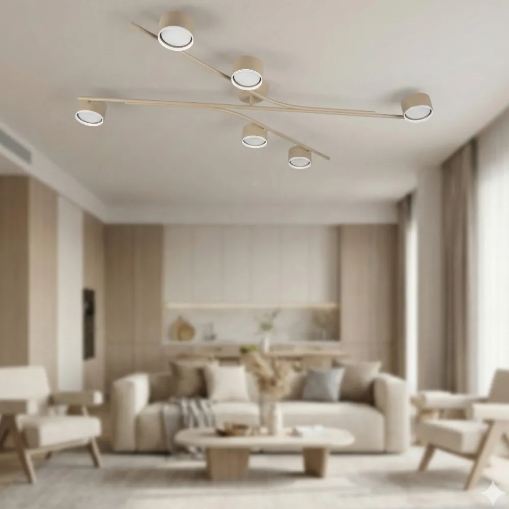 Plafoniere Moderne-Selezionato da Mazzolaluce Plafoniera moderna colore beige 6 luci orientabili per soggiorno