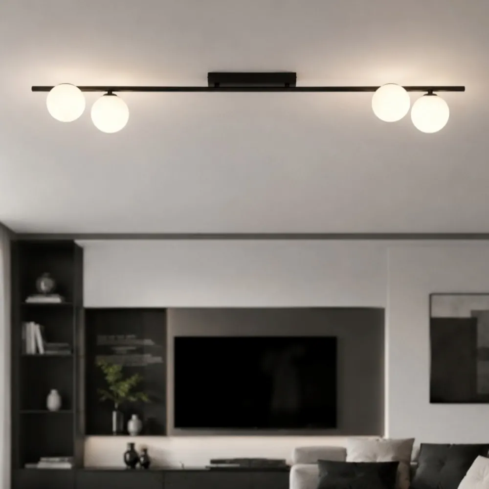 Plafoniere Moderne-Selezionato da Mazzolaluce Plafoniera moderna da soffitto barra 141 cm nera con sfere di vetro per soggiorno