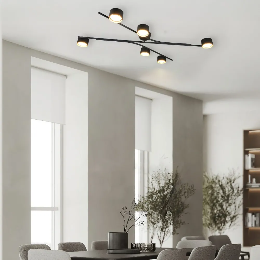 Plafoniere Moderne-Selezionato da Mazzolaluce Plafoniera moderna nero oro per soggiorno 6 luci orientabili