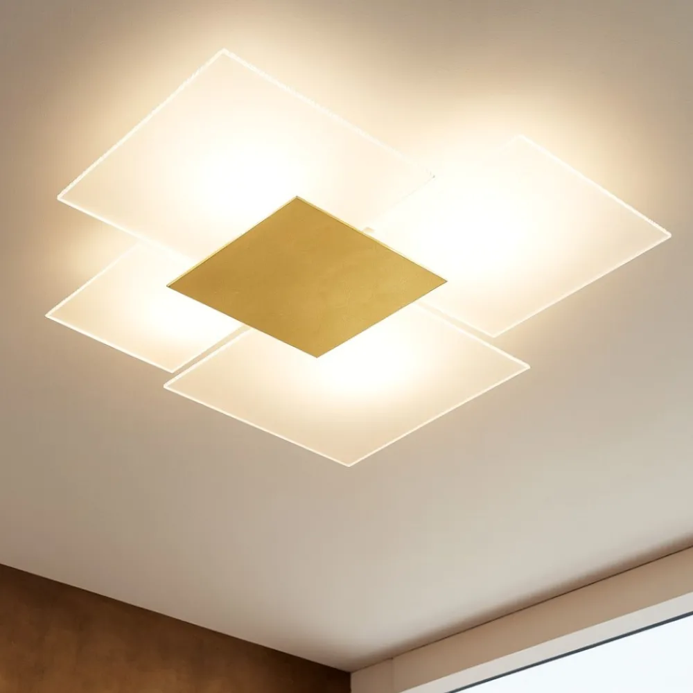 Plafoniere Moderne-Top Light Plafoniera moderna per cucina in vetro bianco foglia oro rettangolare