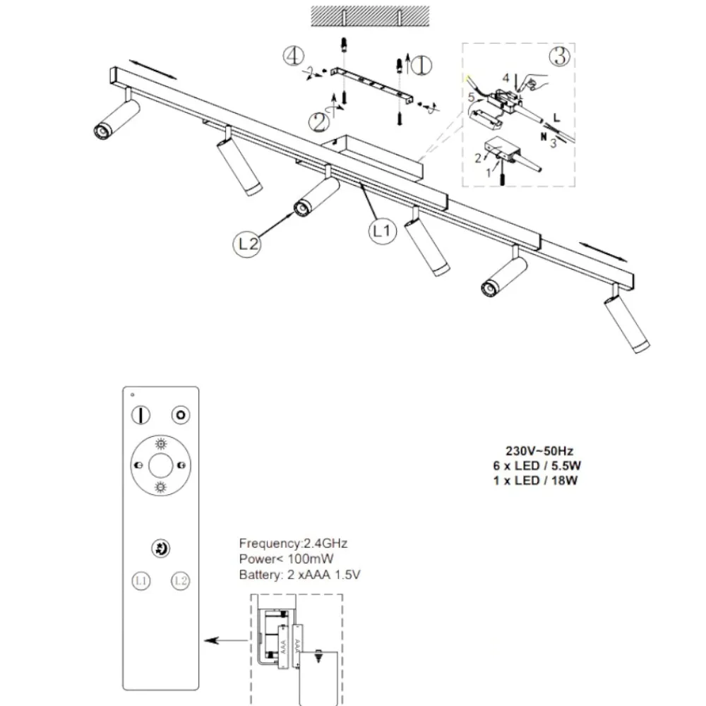 Plafoniere Moderne-Selezionato da Mazzolaluce Plafoniera nera allungabile con faretti led 2700k a 65000k con telecomando