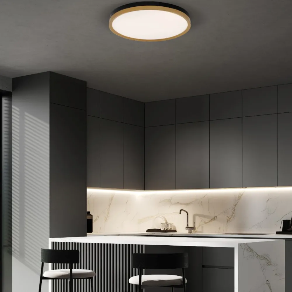 Plafoniere Moderne-Selezionato da Mazzolaluce Plafoniera nero oro rotonda 50cm led 38w 3000k