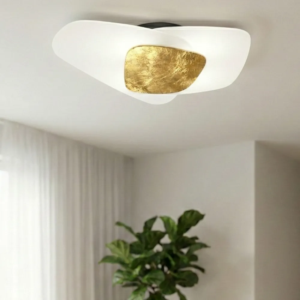 Plafoniere Moderne-Top Light Plafoniera per camera da letto 54cm vetri bianchi foglia oro strategy