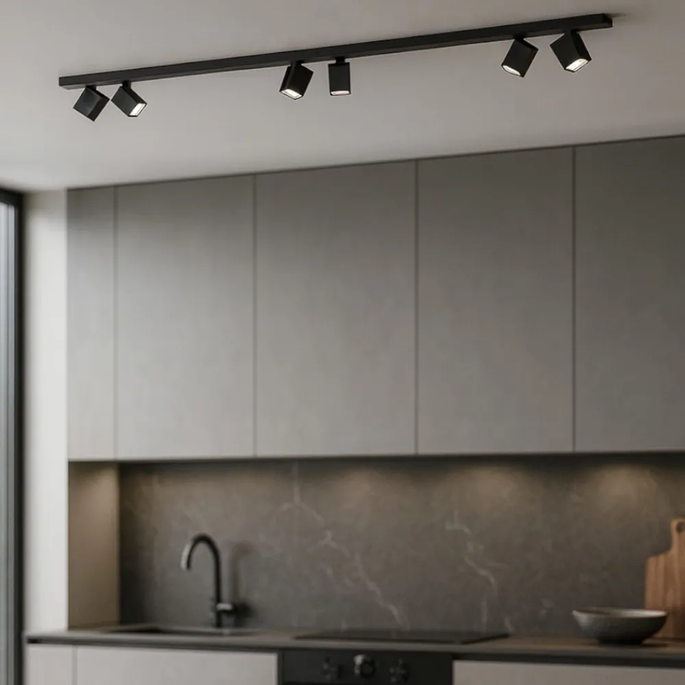 Plafoniere Moderne-Perenz Illuminazione Plafoniera per cucina 200cm con spot orientabili nera oddy perenz