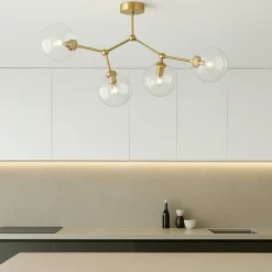 Plafoniere Moderne-Selezionato da Mazzolaluce Plafoniera per cucina moderna oro 4 bocce trasparenti