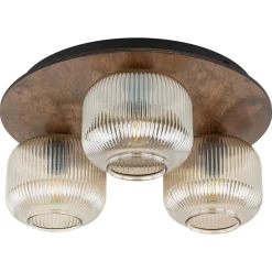 Plafoniere Moderne-Selezionato da Mazzolaluce Plafoniera per sala da pranzo in legno tonda con sfere di vetro rigato cognac