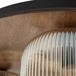 Plafoniere Moderne-Selezionato da Mazzolaluce Plafoniera per sala da pranzo in legno tonda con sfere di vetro rigato cognac