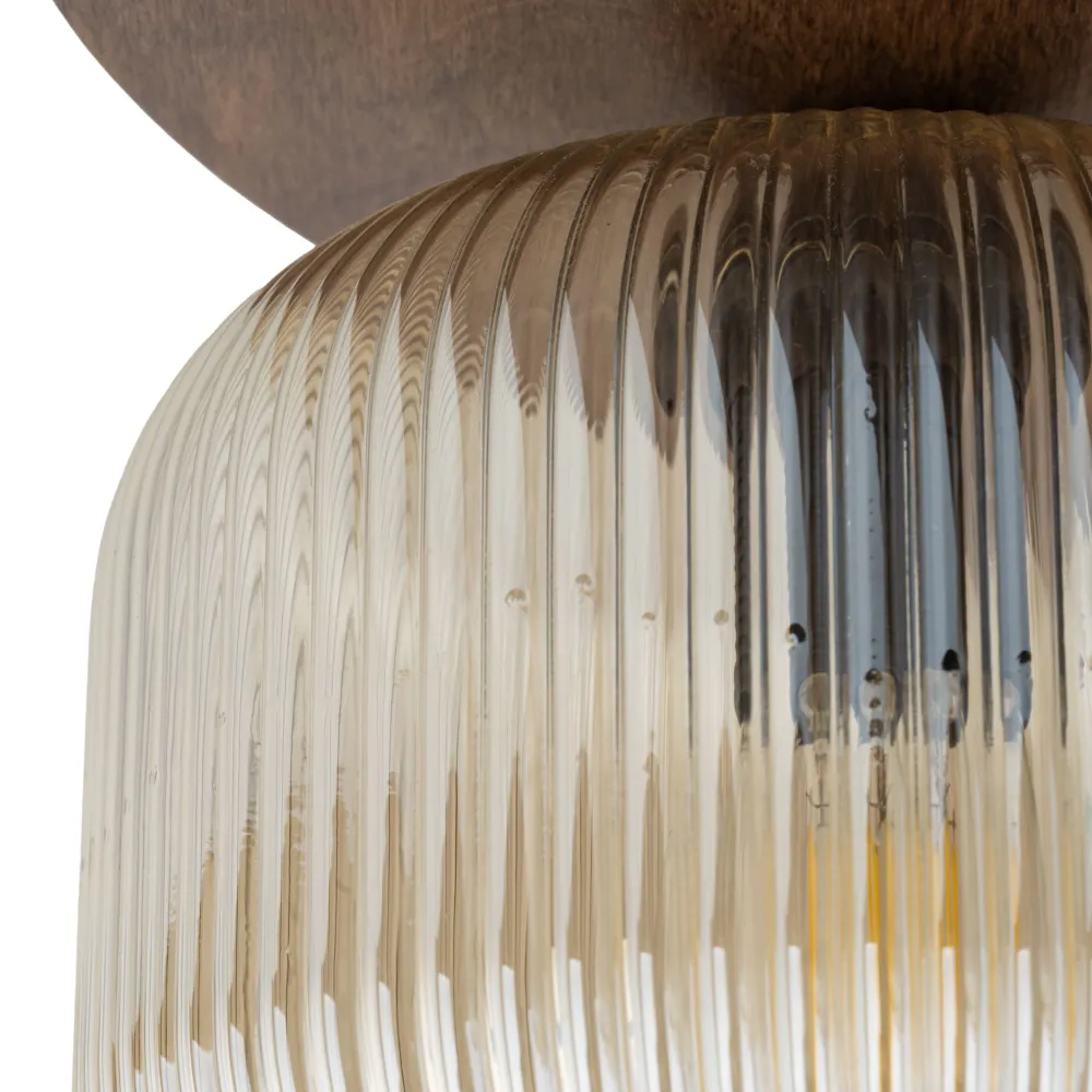 Plafoniere Moderne-Selezionato da Mazzolaluce Plafoniera per sala da pranzo in legno tonda con sfere di vetro rigato cognac