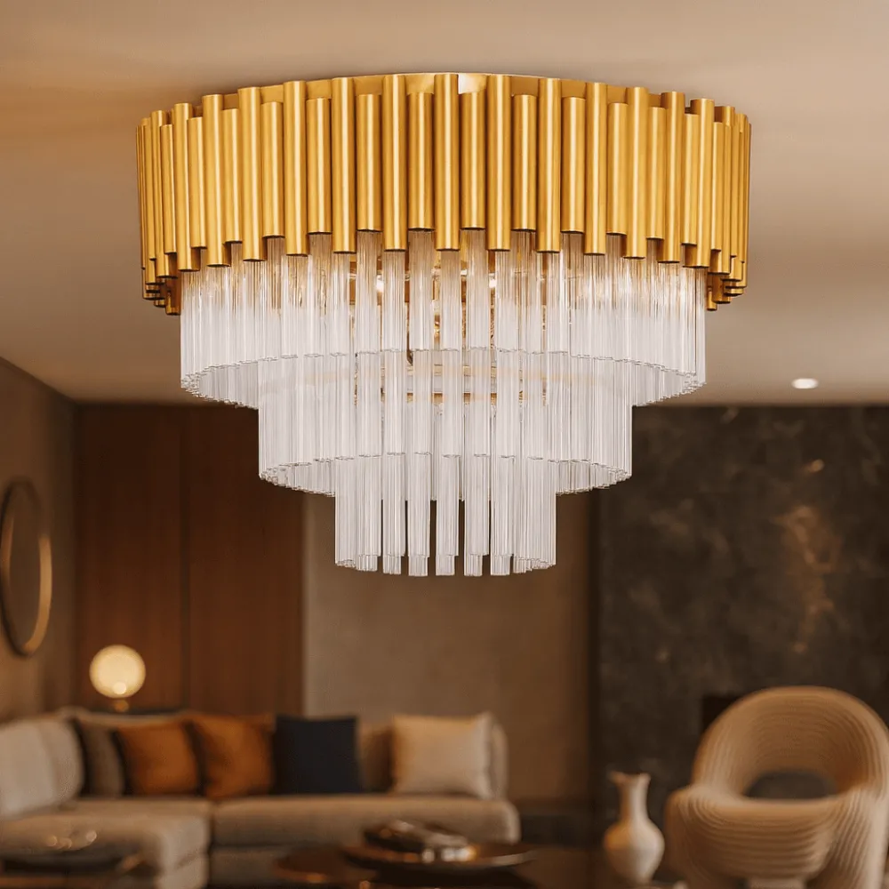 Plafoniere Moderne-Selezionato da Mazzolaluce Plafoniera per salotto stile contemporaneo oro con cristalli 50cm