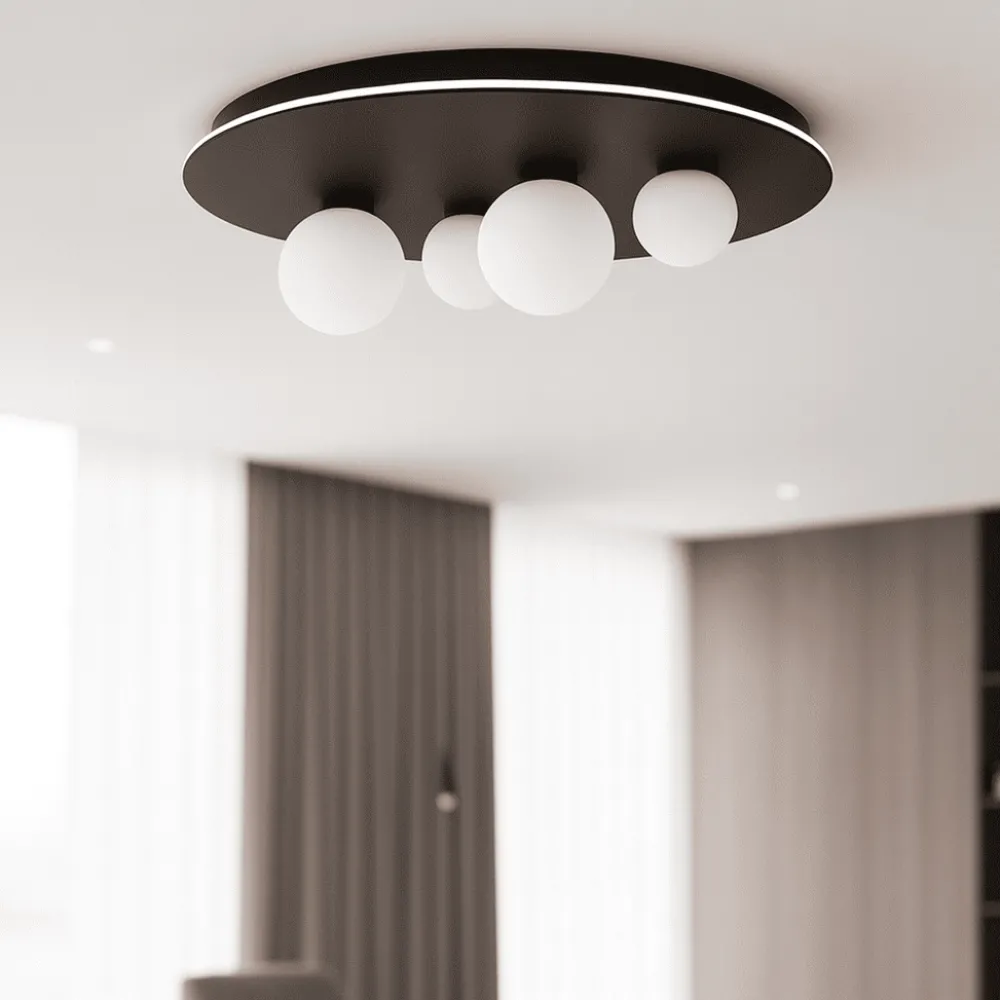 Plafoniere Moderne-Selezionato da Mazzolaluce Plafoniera per soggiorno led 3000k nera sfere vetro opaco 62cm