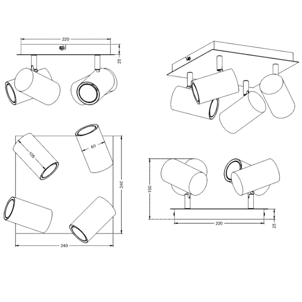 Plafoniere Moderne-Selezionato da Mazzolaluce Plafoniera quadrata moderna bianca con 4 faretti orientabili