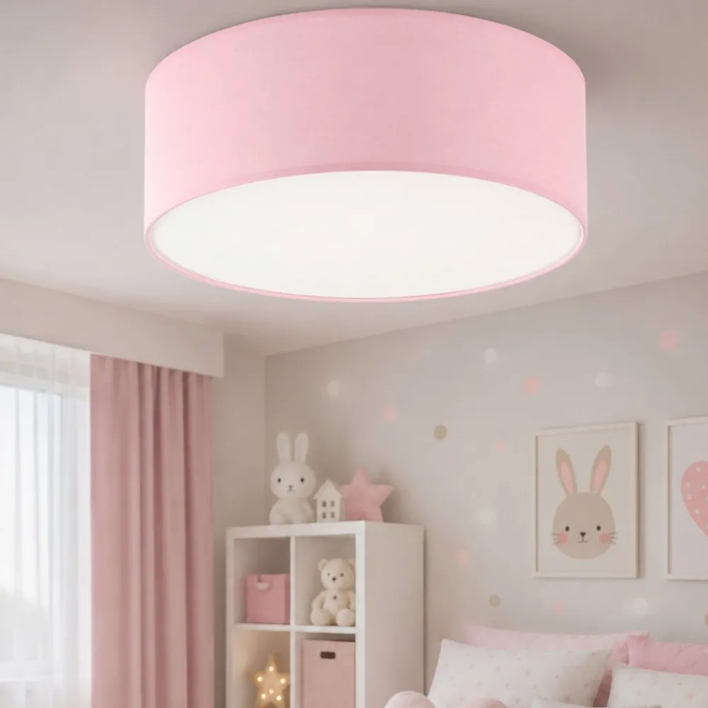 Plafoniere Moderne-Selezionato da Mazzolaluce Plafoniera rosa per cameretta bambina cilindro di tessuto