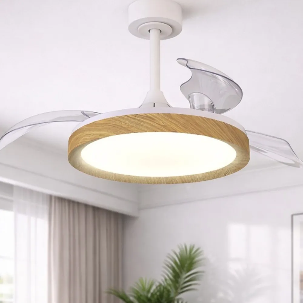 Ventilatori Da Soffitto-Selezionato da Mazzolaluce Plafoniera ventilatore pale retrattili bianco e legno led cct stanza 13mq