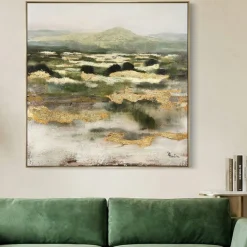 Quadri Moderni-Selezionato da Mazzolaluce Quadro astratto materico 100x100 moderno verde oro con cornice