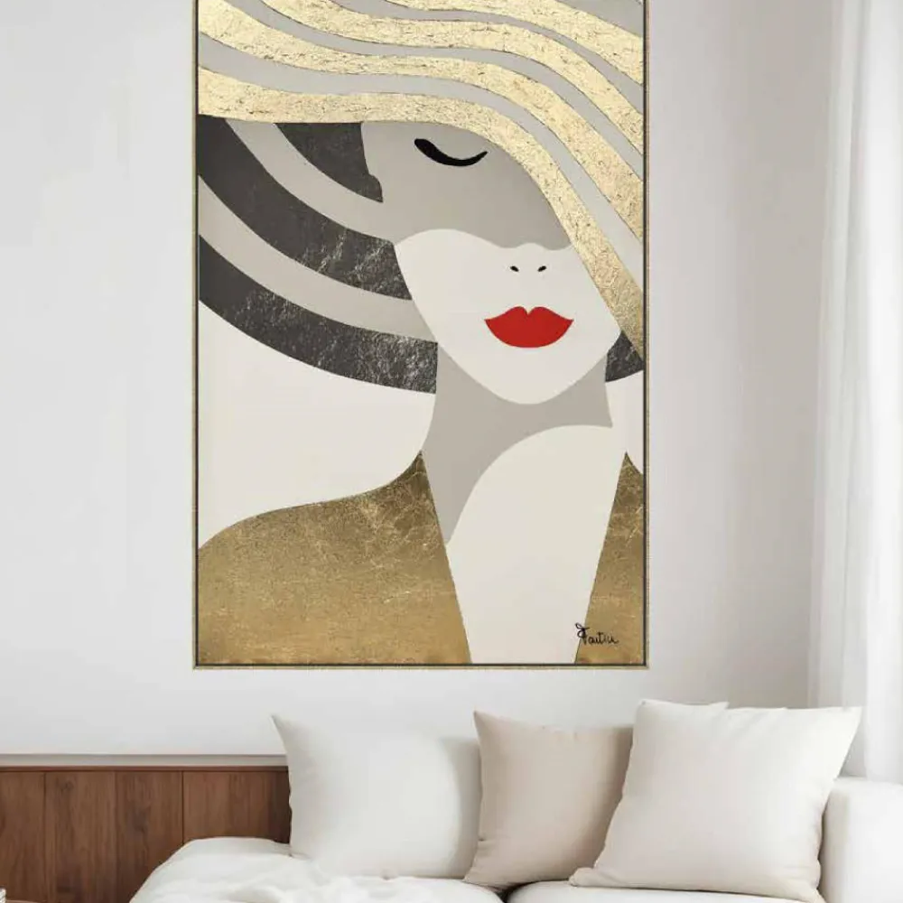 Quadri Moderni-Selezionato da Mazzolaluce Quadro con cornice 80x120 cm volto donna con cappello oro