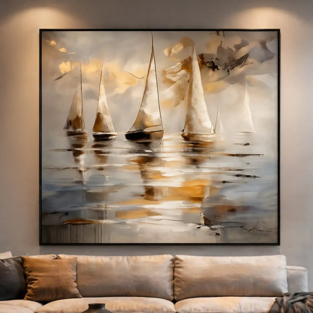 Quadri Moderni-Selezionato da Mazzolaluce Quadro dipinto moderno vele dorate cornice nera 100x100
