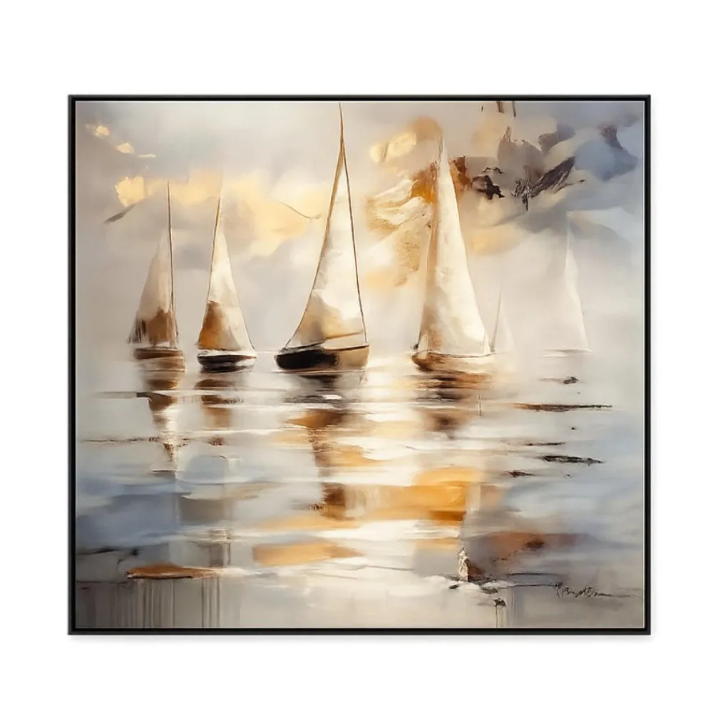 Quadri Moderni-Selezionato da Mazzolaluce Quadro dipinto moderno vele dorate cornice nera 100x100