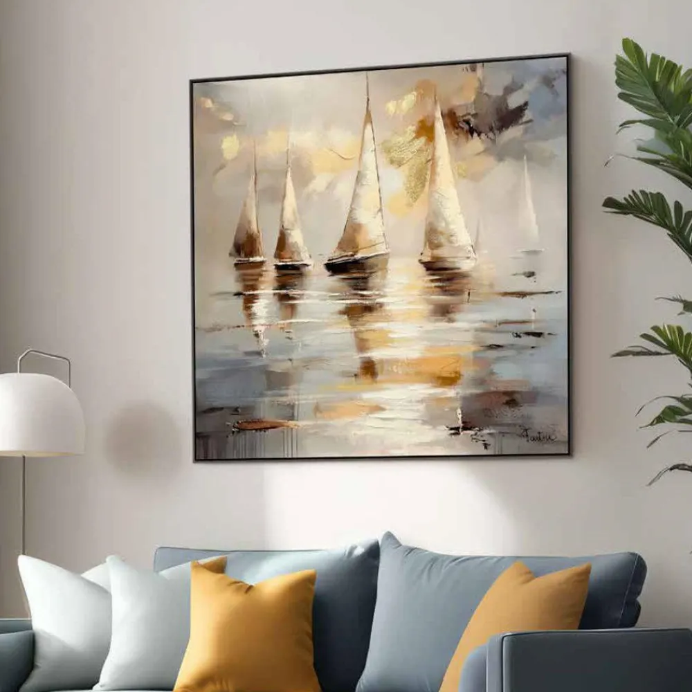 Quadri Moderni-Selezionato da Mazzolaluce Quadro dipinto moderno vele dorate cornice nera 100x100