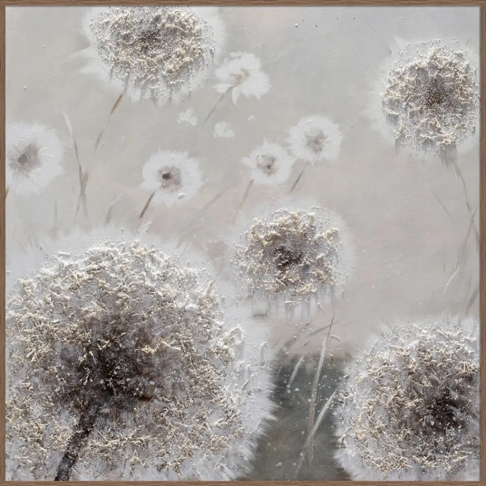 Quadri Moderni-Selezionato da Mazzolaluce Quadro fiori denti di leone 102x102 dipinto a mano a rilievo con cornice